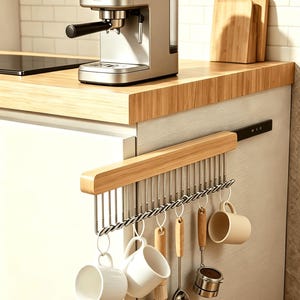 May include: A light wood and stainless steel sliding kitchen organiser mounted on the side of a cabinet, featuring multiple vertical hooks holding two white ceramic mugs, a wooden handled brush, a metal spoon, and a small metal container.
