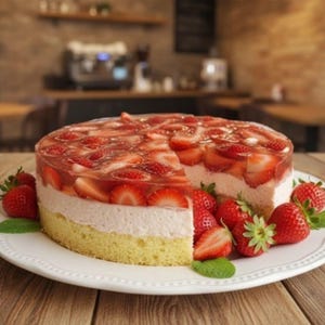 Puede incluir: Un pastel de fresas en capas sobre un plato blanco, con una rebanada retirada. La capa superior es una gelatina transparente con rodajas de fresa incrustadas. La capa intermedia es una mousse rosa y la base es un bizcocho amarillo. Fresas frescas y hojas de menta rodean el pastel.