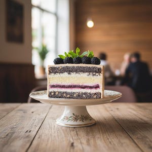 May include: A slice of layered cake with poppy seeds, cream, and a berry filling, topped with blackberries and mint leaves. The cake sits on a white, ornate cake stand with a floral design, placed on a wooden table.