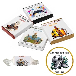 May include: Four rectangular chocolate bars and one round chocolate piece wrapped in foil. The wrappers feature colourful illustrations of a game controller, a steam train, a person fishing, a beer bottle with a glass, a wheelbarrow, and a football.