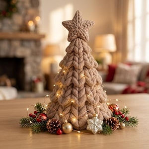 May include: A beige knitted Christmas tree decoration featuring a chunky cable knit texture and a star topper. The base is surrounded by green pine branches, brown pinecones, small red berries, gold ornaments, and a silver snowflake ornament.