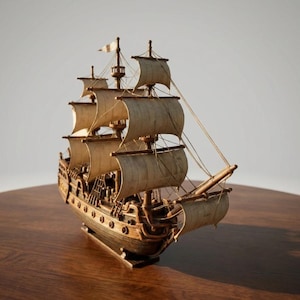 May include: A wooden model ship featuring three masts with off-white fabric sails and intricate rigging. The hull is constructed from dark brown wood with visible circular port details along the side, resting on a dark wooden base structure.