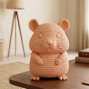 May include: A peach-colored, textured hamster-shaped decorative object. The object has large ears, round eyes, and a detailed nose and whiskers. The hamster is sitting on a wooden surface. The object is a decorative item.