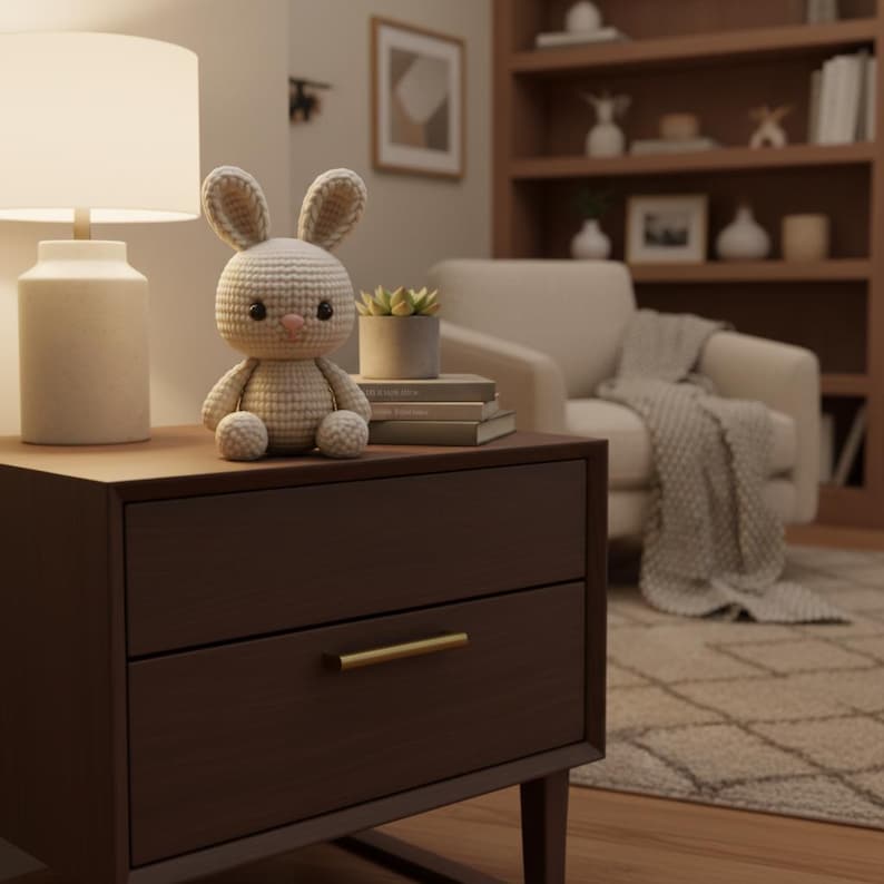 Puede incluir: Una mu&ntilde;eca de conejo de ganchillo con orejas largas, sentada sobre una mesita de noche marr&oacute;n oscuro. El conejo es beige con detalles rosas y ojos negros. Una l&aacute;mpara blanca y una peque&ntilde;a planta en maceta tambi&eacute;n est&aacute;n sobre la mesita de noche. La mesita tiene dos cajones con tiradores dorados.