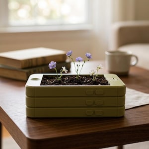 May include: A rectangular olive green planter shaped like a smartphone with a home button and side volume buttons. The planter is filled with dark potting soil and features several small, delicate light purple and white flowers growing inside.
