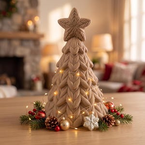 Könnte beinhalten: Eine beige Keramik-Weihnachtsbaumskulptur mit strukturiertem Strickmuster und einem Stern als Spitze. Der Fuß ist mit Tannenzweigen, roten Beeren, Tannenzapfen, goldenen und roten Kugeln sowie einer silbernen Schneeflocke geschmückt.