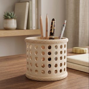 May include: A cream-colored, cylindrical pen holder with evenly spaced circular cutouts. The holder contains pencils and a pen. A succulent plant in a small pot and books are visible in the background. The pen holder is on a wooden desk.