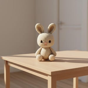 Puede incluir: Un juguete de conejo tejido a ganchillo en color beige claro. El conejo tiene orejas largas, un cuerpo redondo y brazos y piernas peque&ntilde;os. Tiene ojos negros y una nariz rosa. El juguete est&aacute; sobre una mesa de madera marr&oacute;n claro.