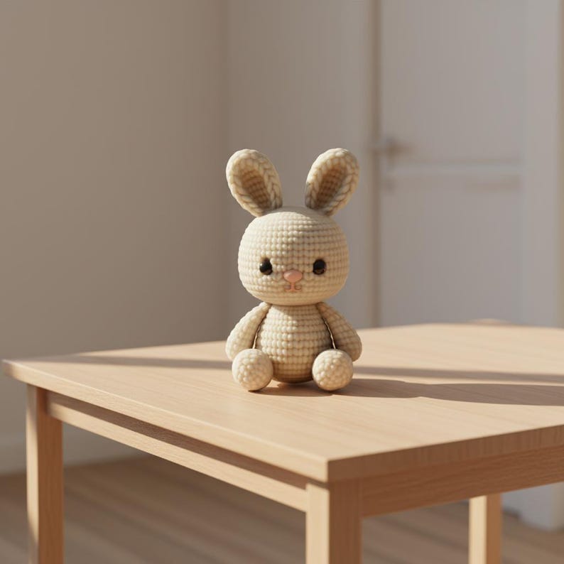 Puede incluir: Un juguete de conejo tejido a ganchillo en color beige claro. El conejo tiene orejas largas, un cuerpo redondo y brazos y piernas peque&ntilde;os. Tiene ojos negros y una nariz rosa. El juguete est&aacute; sobre una mesa de madera marr&oacute;n claro.