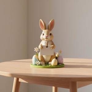 May include: A tan Easter bunny ornament holding a blank sign, with pastel eggs and flowers on a green base. The bunny has long ears and a pink nose. The ornament is on a wooden table.