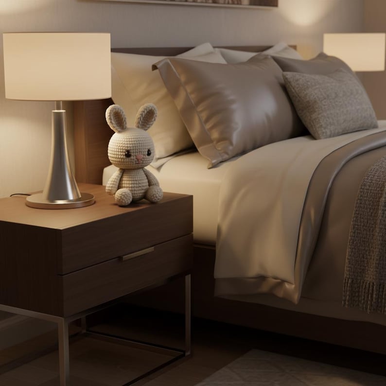 Puede incluir: Escena de dormitorio con una mesita de noche con una l&aacute;mpara plateada y un conejito de ganchillo. La cama tiene ropa de cama y almohadas de tonos neutros. La habitaci&oacute;n tiene un ambiente c&aacute;lido y acogedor, con iluminaci&oacute;n suave.