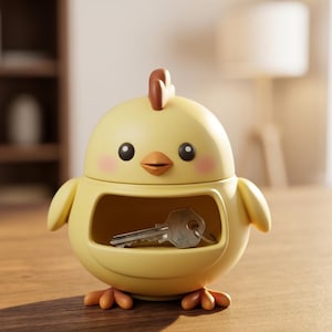 May include: A yellow chick-shaped storage container with a key inside. The container has a small opening for storage and is designed with cartoon-like features, including a brown comb, black eyes, and orange beak and feet. The container is sitting on a wooden surface.