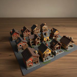May include: A collection of miniature houses with detailed architectural features. The houses are painted in various colors, including red, yellow, and brown, and are arranged on a gray base. The houses have chimneys and windows.