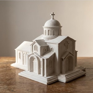 May include: A detailed, off-white model of a church with a cross on top. The architectural model features multiple levels, arched doorways, and a domed roof. It is set on a wooden surface, showcasing the intricate design and craftsmanship.