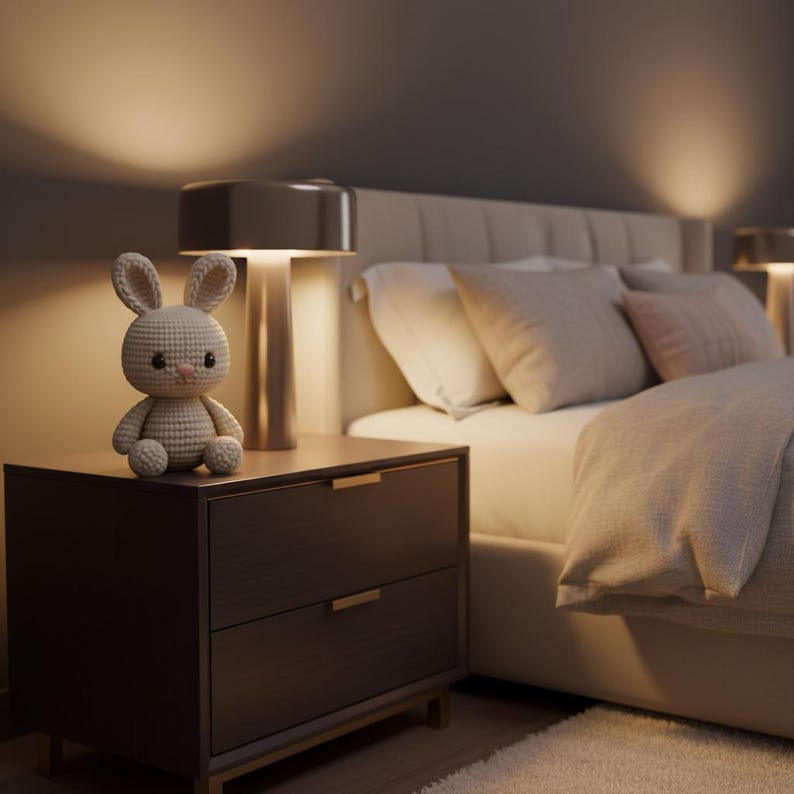Puede incluir: Un ambiente de dormitorio con un conejito de ganchillo sobre una mesita de noche de madera oscura. Una l&aacute;mpara moderna con acabado met&aacute;lico est&aacute; sobre la mesa. La cama tiene almohadas y una manta. La habitaci&oacute;n est&aacute; suavemente iluminada.