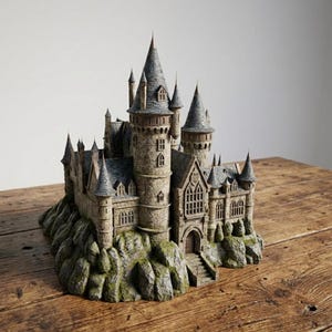 May include: A detailed model of a castle with multiple towers and spires, constructed from stone and set on a rocky base. The castle features arched windows, a central doorway, and is colored in shades of gray, brown, and green. The model is displayed on a wooden surface.