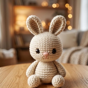 Puede incluir: Un juguete de conejo tejido a ganchillo en color beige claro. El conejo tiene ojos negros grandes, una nariz rosa y orejas largas. Está sentado sobre una superficie de madera. El fondo está borroso, con indicios de una estantería y una iluminación suave.