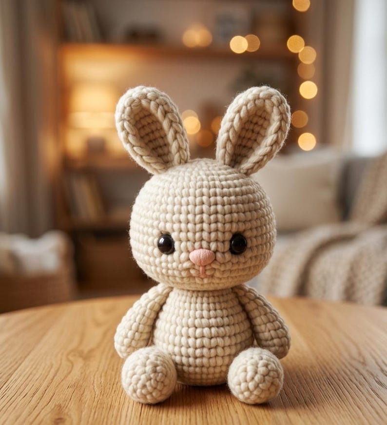 Puede incluir: Un juguete de conejo tejido a ganchillo en color beige claro. El conejo tiene ojos negros grandes, una nariz rosa y orejas largas. Est&aacute; sentado sobre una superficie de madera. El fondo est&aacute; borroso, con indicios de una estanter&iacute;a y una iluminaci&oacute;n suave.