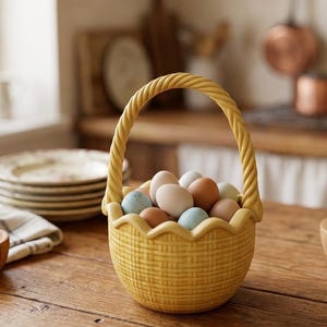 May include: A yellow ceramic basket with a woven design, filled with a variety of eggs in shades of brown, white, and blue. The basket has a twisted handle and sits on a wooden surface, suggesting a rustic or farmhouse theme.