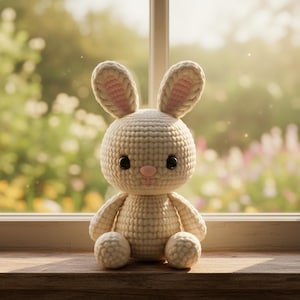 Puede incluir: Un conejito de crochet blanco roto hecho a mano, con grandes ojos negros y una nariz y orejas rosas. El conejito est&aacute; sentado sobre una superficie de madera frente a una ventana con un fondo borroso de vegetaci&oacute;n y flores. El cuerpo del conejito es redondo y suave.