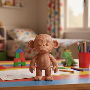 May include: A brown monkey figurine with a textured surface stands on a colorful striped table. The toy monkey has large ears and a smiling expression. Other toys and art supplies are visible in the background.