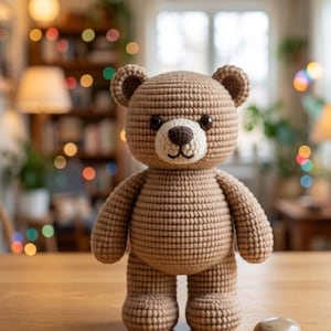 May include: A handmade crochet teddy bear in shades of brown, with a light brown muzzle and dark eyes. The bear is standing on a wooden table, with a small stone nearby. The background is blurred, suggesting a cozy indoor setting.