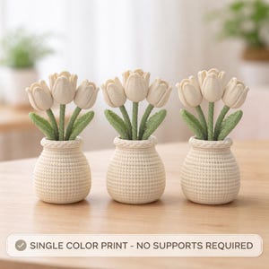 May include: Three small cream-colored vases, each holding a bouquet of white tulip flowers with green stems and leaves. The vases have a textured, woven appearance. The text at the bottom reads: SINGLE COLOR PRINT - NO SUPPORTS REQUIRED.