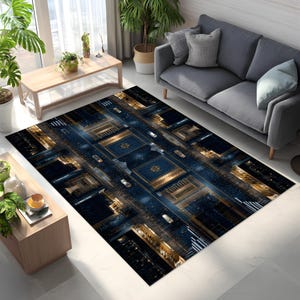 May include: A rectangular rug with a city night scene design. The rug features a dark blue and gold colour scheme, with a detailed depiction of roads, buildings, and streetlights. The rug is placed in a living room setting with a grey sofa and wooden furniture.