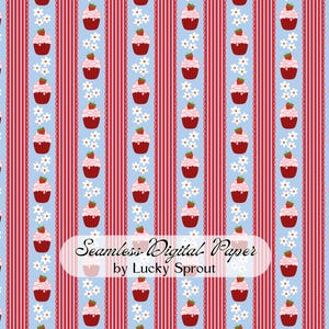 Patrón sin costuras de cupcakes de fresa, papel digital Cute Coquette, estampado de rayas de margaritas, patrón de postre kawaii, JPG PNG 300 DPI