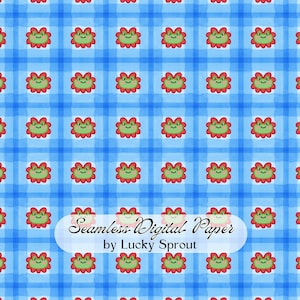 May include: Seamless digital paper with a repeating pattern of red and green flower-like faces on a blue plaid background. The text "Seamless Digital Paper by Lucky Sprout" is displayed in a white oval.