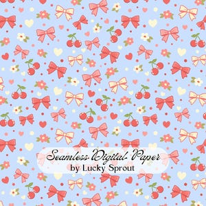 Puede incluir: Papel digital sin costuras con fondo azul claro, con un patrón repetido de lazos rojos, cerezas, pequeñas flores blancas y corazones. Se muestra el texto "Seamless Digital Paper by Lucky Sprout".