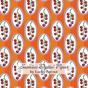 Diseño sin costuras de enredaderas de tomate cherry, papel digital de estilo retro para cocina, estampado repetitivo de vegetales mediterráneos.