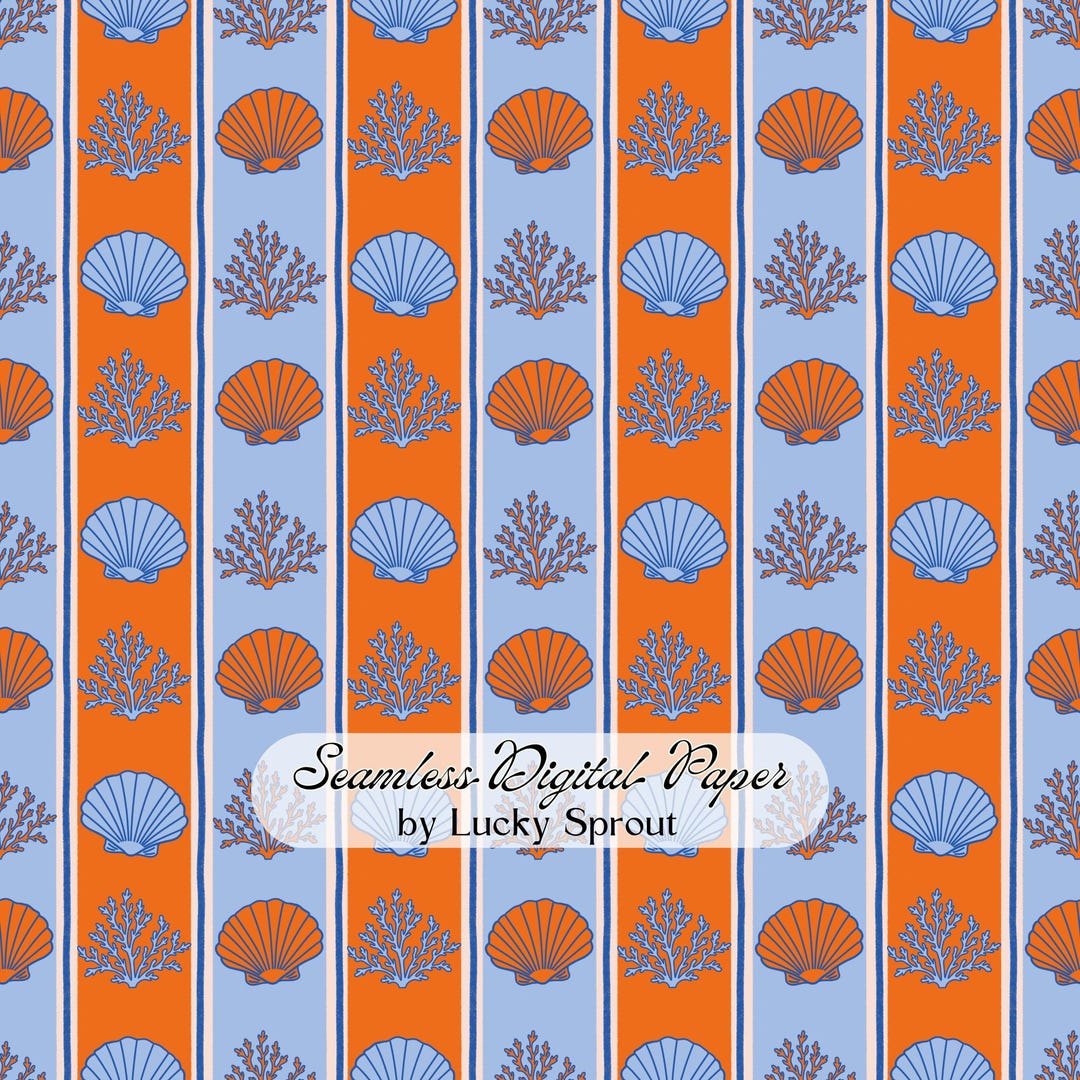 Seashell Coral Stripe Seamless Pattern, Coastal Nautical Digital Paper ...
