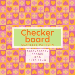 Diseño geométrico digital con estampado de cuadros de corazones y flores (descarga instantánea, PNG, JPG)