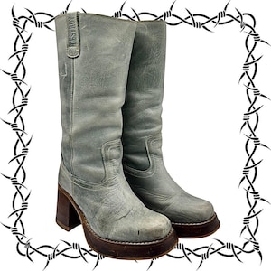 Buty skórzane Vintage Destroy na platformie z zielonymi klockami