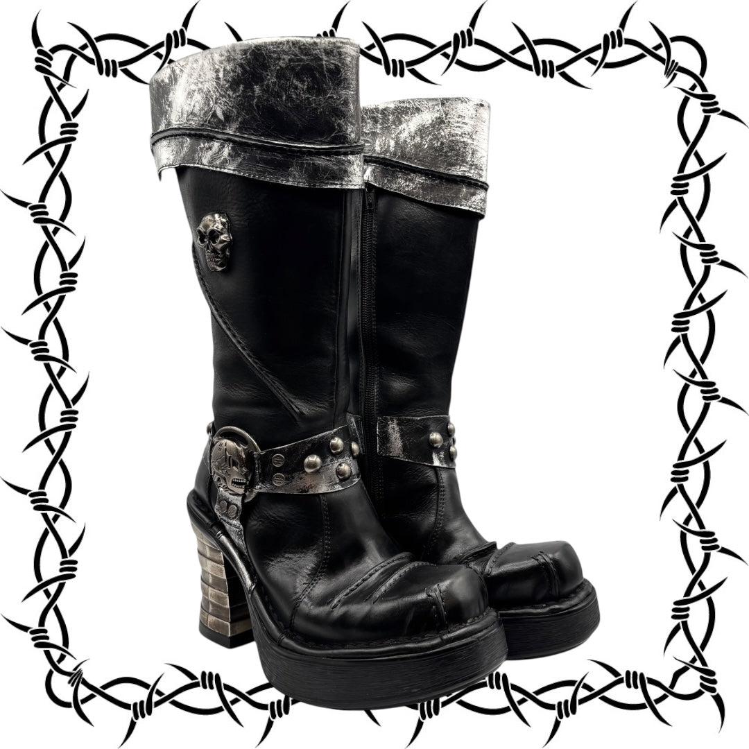 Vintage New Rock knee high round toe leather boots