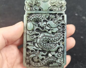 Vintage Hand Carved Green Jade Dragon Pendant Double Sided Chinese Style Amulet Feng Shui Protection Talisman Gift For Men
