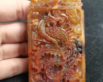 Double Sided Carved Phoenix Jade Pendant Vintage Chinese Phoenix Plaque Natural Jade Amulet Feng Shui Blessing Jewelry