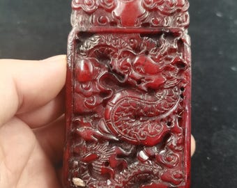 Vintage Hand Carved Double Sided Red Jade Dragon Pendant Chinese Antique Style Feng Shui Amulet Necklace Gift for Men