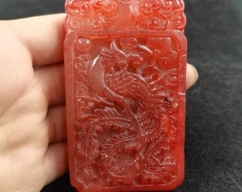 Colgante de fénix tallado a doble cara en piedra de jade rojo, amuleto vintage chino Feng Shui, collar con dije de protección espiritual.