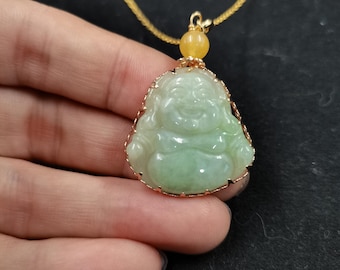 Natuurlijke groene jade Happy Buddha ketting met gouden draadomwikkelde Maitreya hanger, Feng Shui geluksbrenger