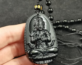 Collar con colgante de Guanyin de obsidiana negra natural, amuleto de protección espiritual tallado a mano con Buda Kwan Yin. Regalo ideal.