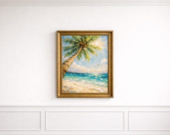 Tropical beach poster A4 – Palm tree & turquoise sea illustration – Printable summer wall art