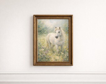 White horse in a flowery meadow – Impressionist art poster in the style of an oil painting – Soft nature wall decoration