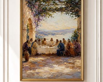 Christian Poster The Last Supper | Religious Art Textured Painting | Wall Decor Jesus and Apostles | A4 Digital File