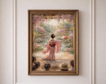 Elegant Japanese A4 poster – Woman in kimono, Japanese garden, poetic & zen art – Asian wall decoration