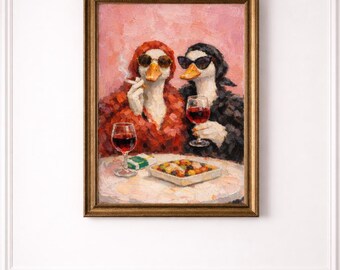 A4 Art Deco Poster – Two Chic Ducks with Wine – Textured Painting Style Illustration – Original Wall Decoration