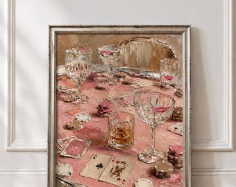 Chic Pink Poker Poster | Elegant Casino Tableware | Textured Painting of Glasses & Cards | Vintage Digital Wall Decor