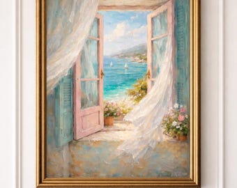 Mediterranean A4 Poster – Open Window to the Sea, Soft Wall Decor, Chic Pastel Printable Art