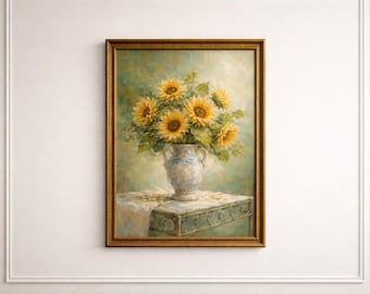 Vintage Sunflower Poster – Floral Still Life – A4 Wall Art – Warm Home Decor – Floral Print